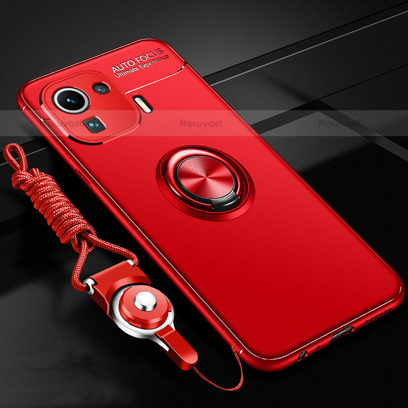 Ultra-thin Silicone Gel Soft Case Cover with Magnetic Finger Ring Stand A02 for Xiaomi Mi 11 Pro 5G Red