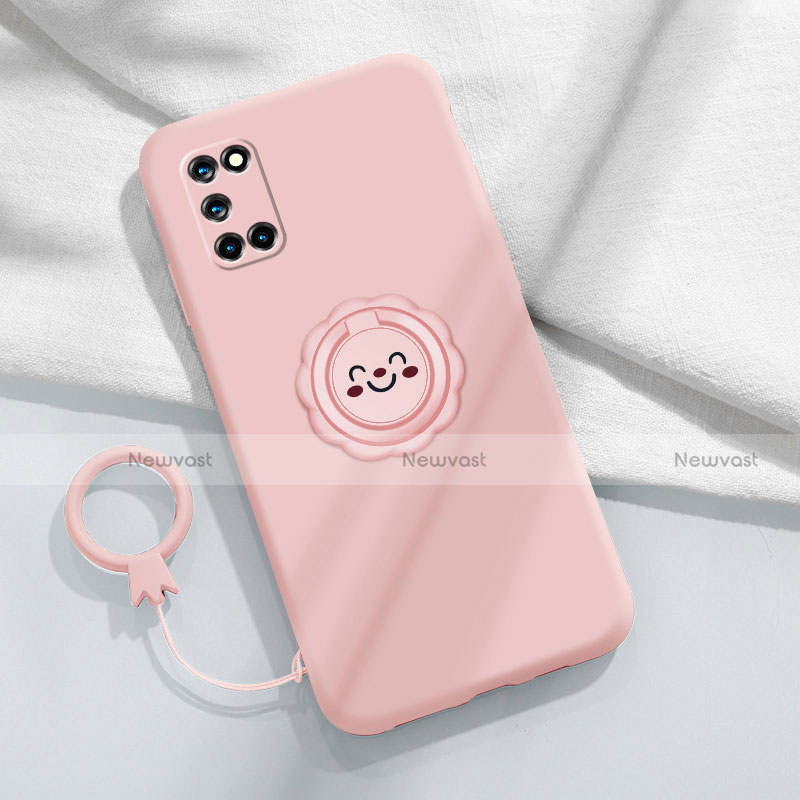 Ultra-thin Silicone Gel Soft Case Cover with Magnetic Finger Ring Stand A03 for Oppo A52 Pink