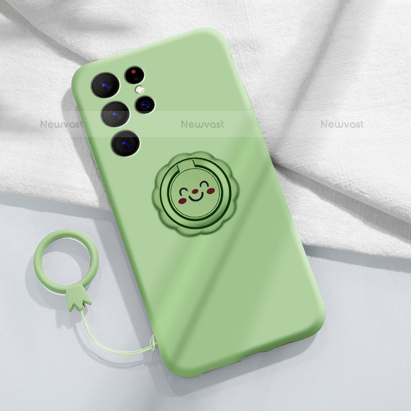 Ultra-thin Silicone Gel Soft Case Cover with Magnetic Finger Ring Stand A03 for Samsung Galaxy S22 Ultra 5G Matcha Green