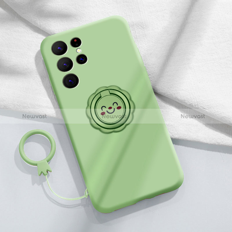 Ultra-thin Silicone Gel Soft Case Cover with Magnetic Finger Ring Stand A03 for Samsung Galaxy S24 Ultra 5G Matcha Green