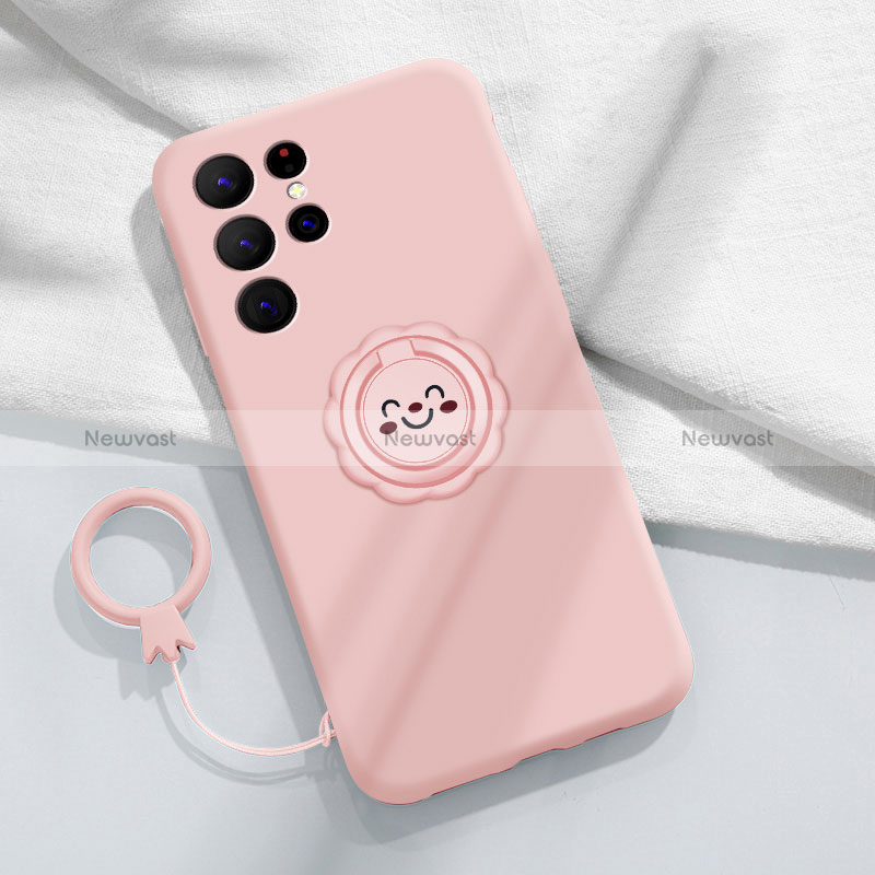 Ultra-thin Silicone Gel Soft Case Cover with Magnetic Finger Ring Stand A03 for Samsung Galaxy S24 Ultra 5G Pink