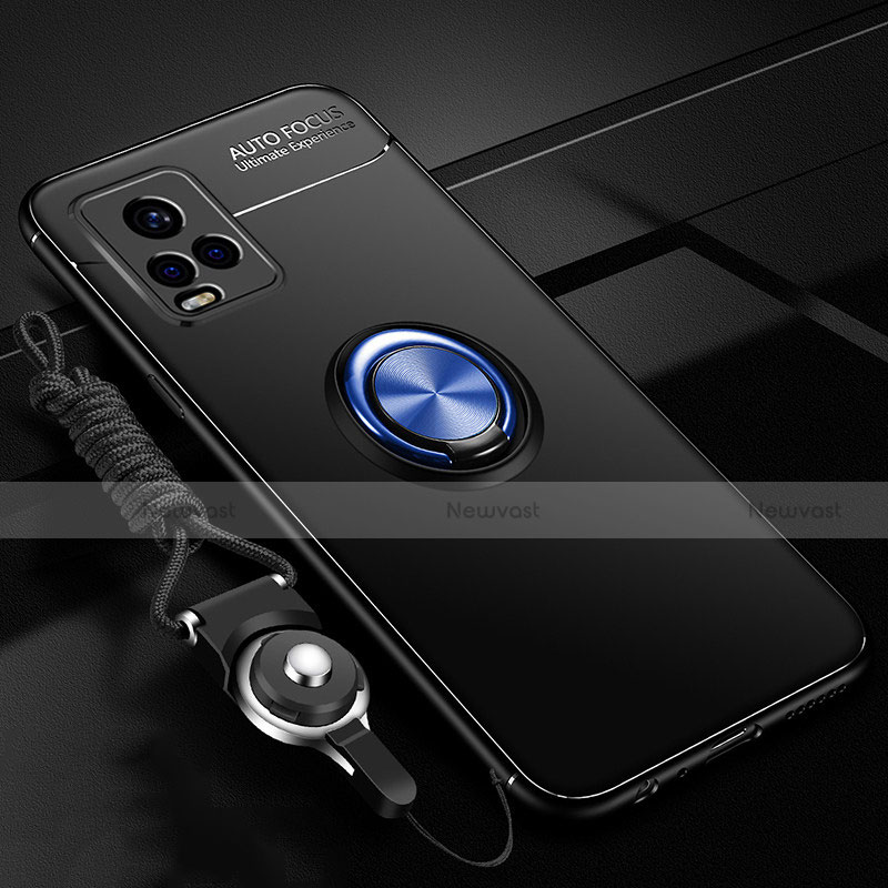 Ultra-thin Silicone Gel Soft Case Cover with Magnetic Finger Ring Stand A03 for Vivo V20 Pro 5G Blue and Black