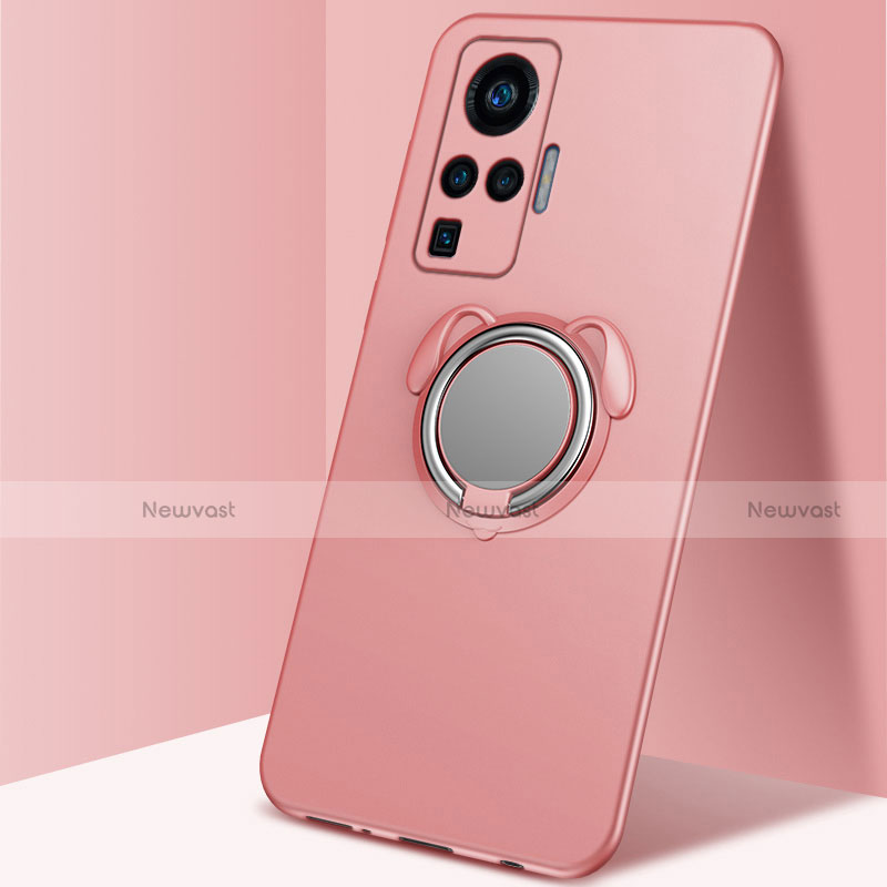 Ultra-thin Silicone Gel Soft Case Cover with Magnetic Finger Ring Stand A03 for Vivo X50 Pro 5G Rose Gold