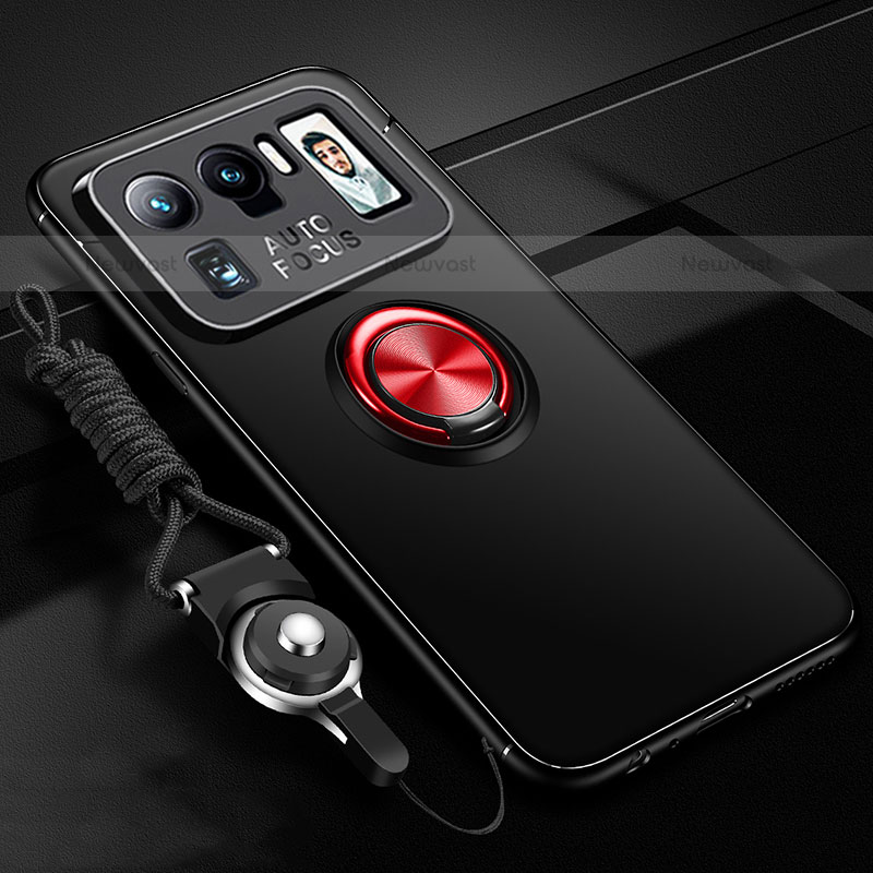 Ultra-thin Silicone Gel Soft Case Cover with Magnetic Finger Ring Stand A03 for Xiaomi Mi 11 Ultra 5G Red and Black