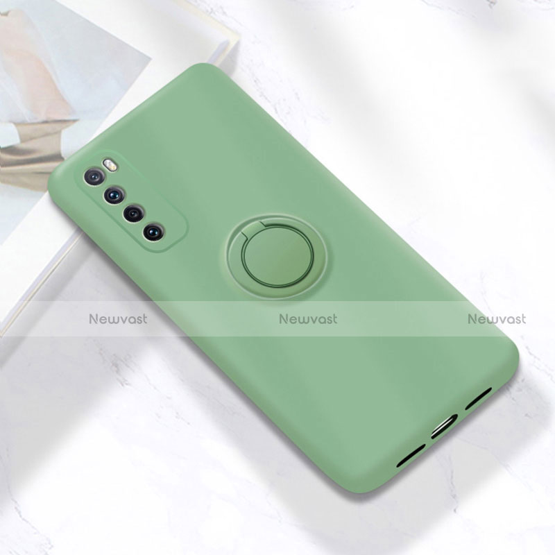 Ultra-thin Silicone Gel Soft Case Cover with Magnetic Finger Ring Stand A04 for Huawei Nova 7 5G Cyan