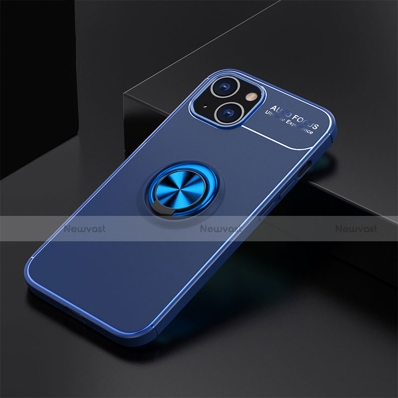 Ultra-thin Silicone Gel Soft Case Cover with Magnetic Finger Ring Stand A05 for Apple iPhone 14 Blue