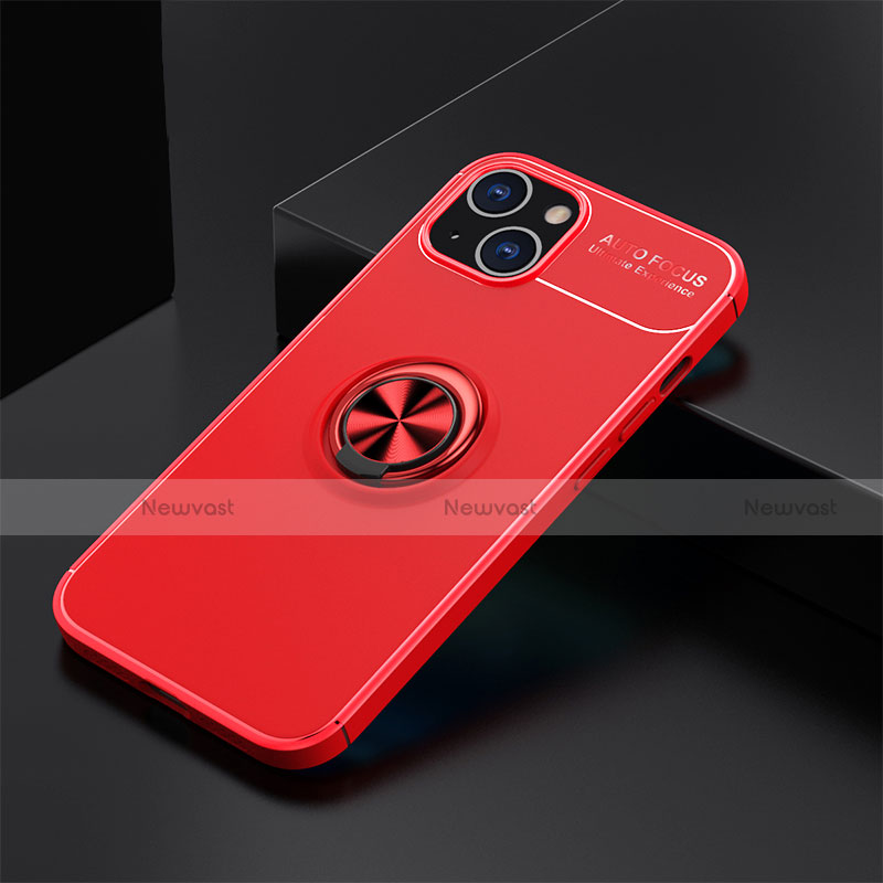 Ultra-thin Silicone Gel Soft Case Cover with Magnetic Finger Ring Stand A05 for Apple iPhone 14 Red