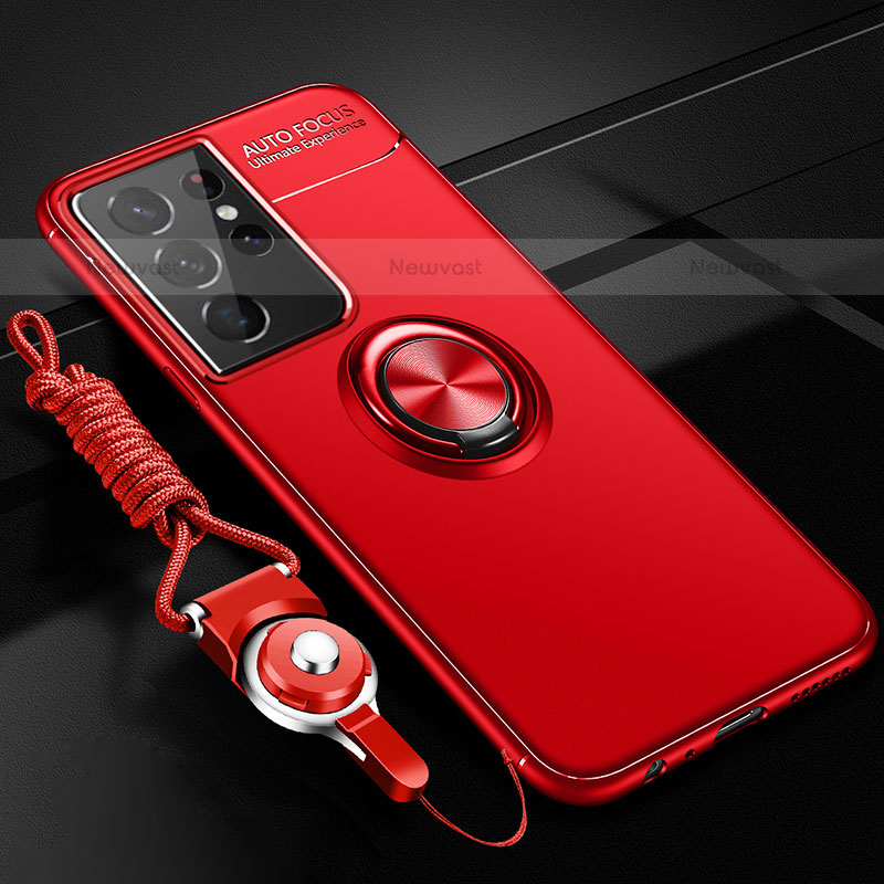 Ultra-thin Silicone Gel Soft Case Cover with Magnetic Finger Ring Stand A05 for Samsung Galaxy S21 Ultra 5G Red