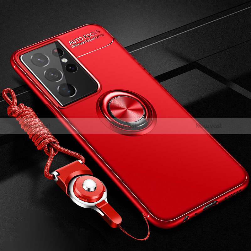 Ultra-thin Silicone Gel Soft Case Cover with Magnetic Finger Ring Stand A05 for Samsung Galaxy S24 Ultra 5G Red