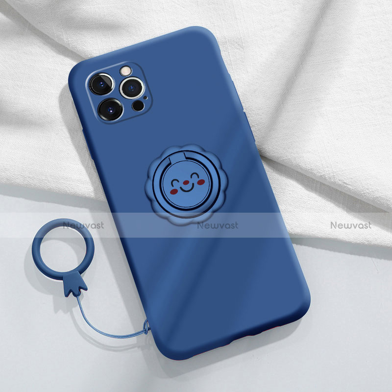 Ultra-thin Silicone Gel Soft Case Cover with Magnetic Finger Ring Stand A06 for Apple iPhone 13 Pro Max Blue