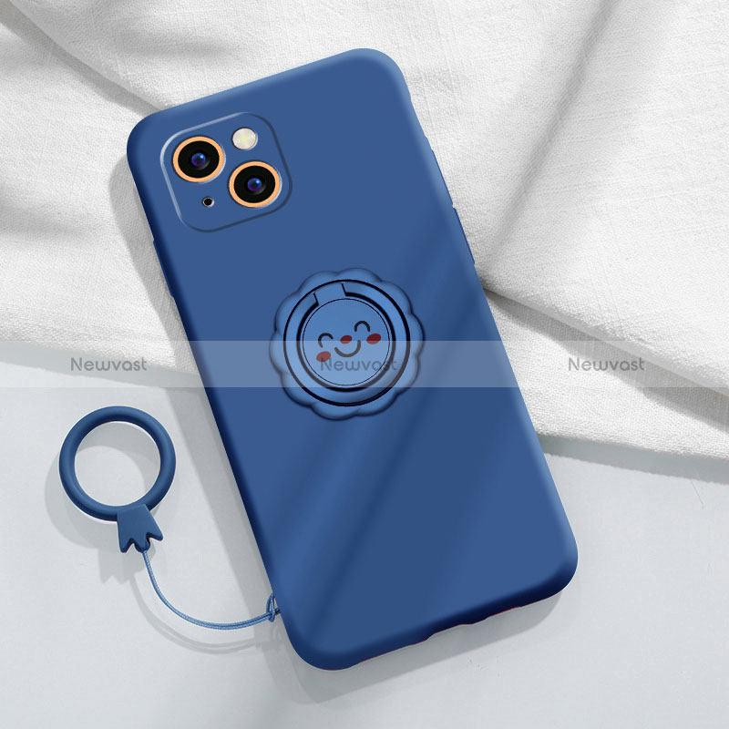 Ultra-thin Silicone Gel Soft Case Cover with Magnetic Finger Ring Stand A06 for Apple iPhone 15 Blue