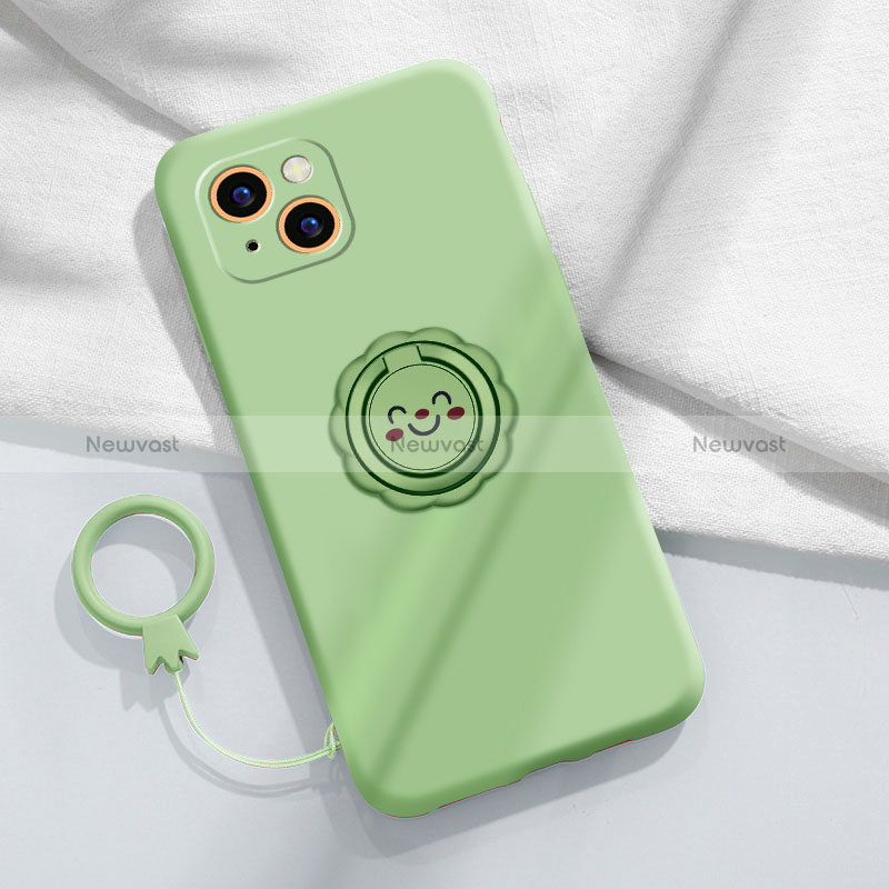 Ultra-thin Silicone Gel Soft Case Cover with Magnetic Finger Ring Stand A06 for Apple iPhone 15 Green