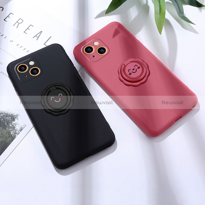 Ultra-thin Silicone Gel Soft Case Cover with Magnetic Finger Ring Stand A06 for Apple iPhone 15 Plus