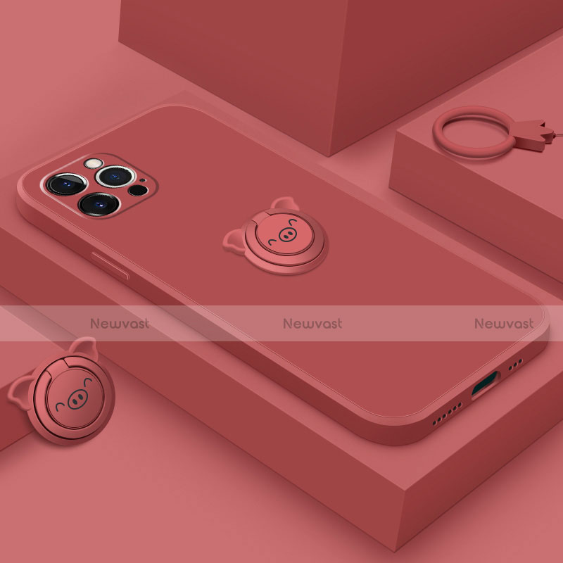 Ultra-thin Silicone Gel Soft Case Cover with Magnetic Finger Ring Stand A07 for Apple iPhone 13 Pro Red