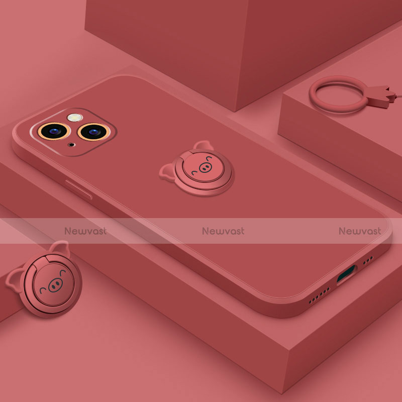 Ultra-thin Silicone Gel Soft Case Cover with Magnetic Finger Ring Stand A07 for Apple iPhone 15 Plus Red