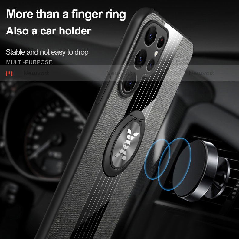 Ultra-thin Silicone Gel Soft Case Cover with Magnetic Finger Ring Stand A07 for Samsung Galaxy S22 Ultra 5G