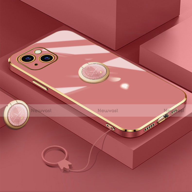 Ultra-thin Silicone Gel Soft Case Cover with Magnetic Finger Ring Stand A08 for Apple iPhone 13 Mini Red