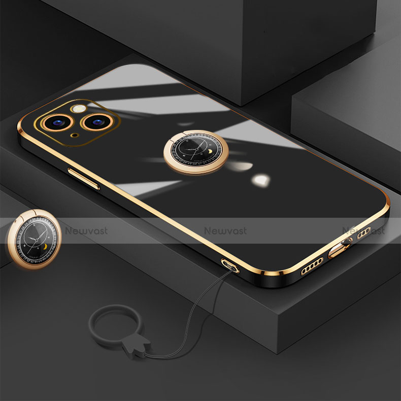 Ultra-thin Silicone Gel Soft Case Cover with Magnetic Finger Ring Stand A08 for Apple iPhone 14 Plus Black