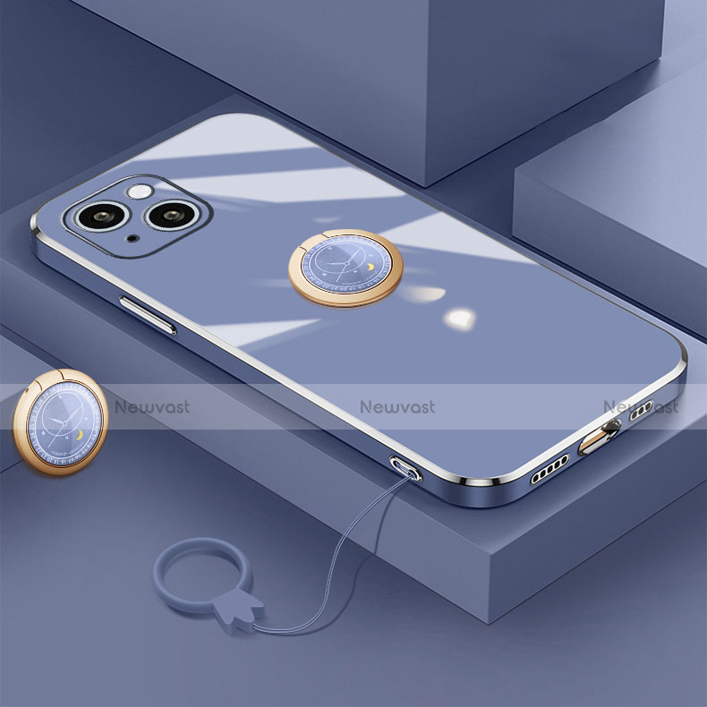 Ultra-thin Silicone Gel Soft Case Cover with Magnetic Finger Ring Stand A08 for Apple iPhone 15 Blue