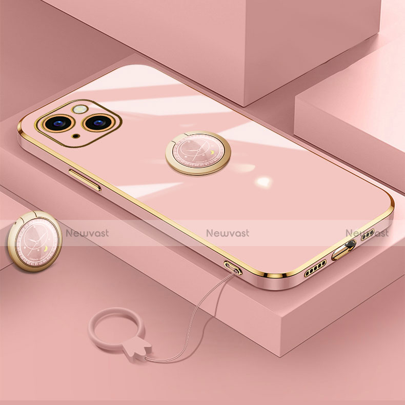 Ultra-thin Silicone Gel Soft Case Cover with Magnetic Finger Ring Stand A08 for Apple iPhone 15 Rose Gold