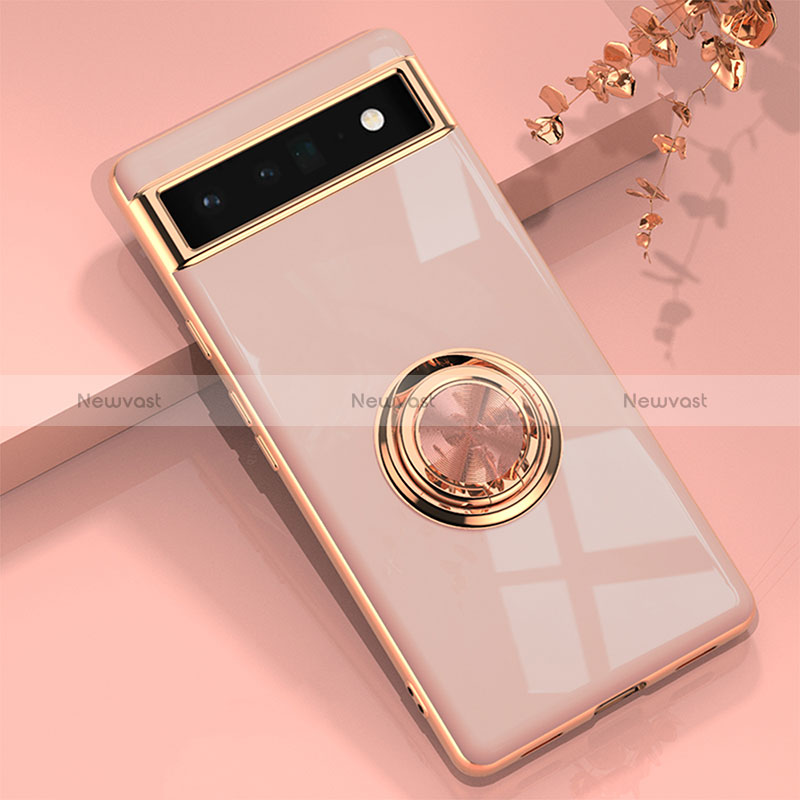 Ultra-thin Silicone Gel Soft Case Cover with Magnetic Finger Ring Stand AN1 for Google Pixel 6a 5G Rose Gold