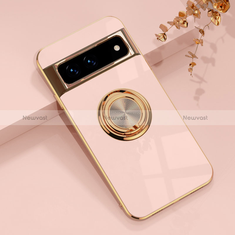 Ultra-thin Silicone Gel Soft Case Cover with Magnetic Finger Ring Stand AN1 for Google Pixel 7 5G Rose Gold