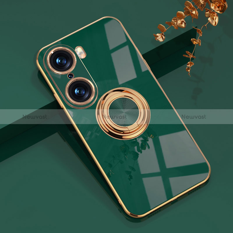 Ultra-thin Silicone Gel Soft Case Cover with Magnetic Finger Ring Stand AN1 for Huawei Honor 60 5G Green