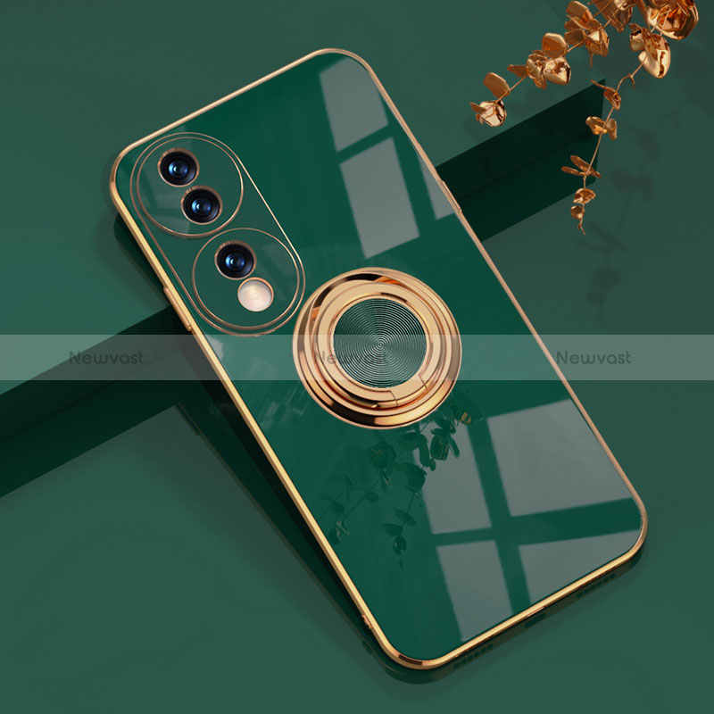 Ultra-thin Silicone Gel Soft Case Cover with Magnetic Finger Ring Stand AN1 for Huawei Honor 70 5G Green