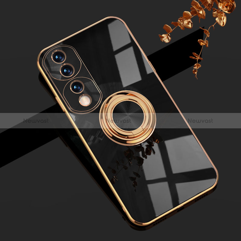 Ultra-thin Silicone Gel Soft Case Cover with Magnetic Finger Ring Stand AN1 for Huawei Honor 70 Pro+ Plus 5G Black