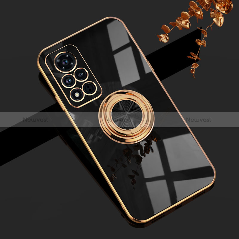 Ultra-thin Silicone Gel Soft Case Cover with Magnetic Finger Ring Stand AN1 for Huawei Honor V40 5G Black