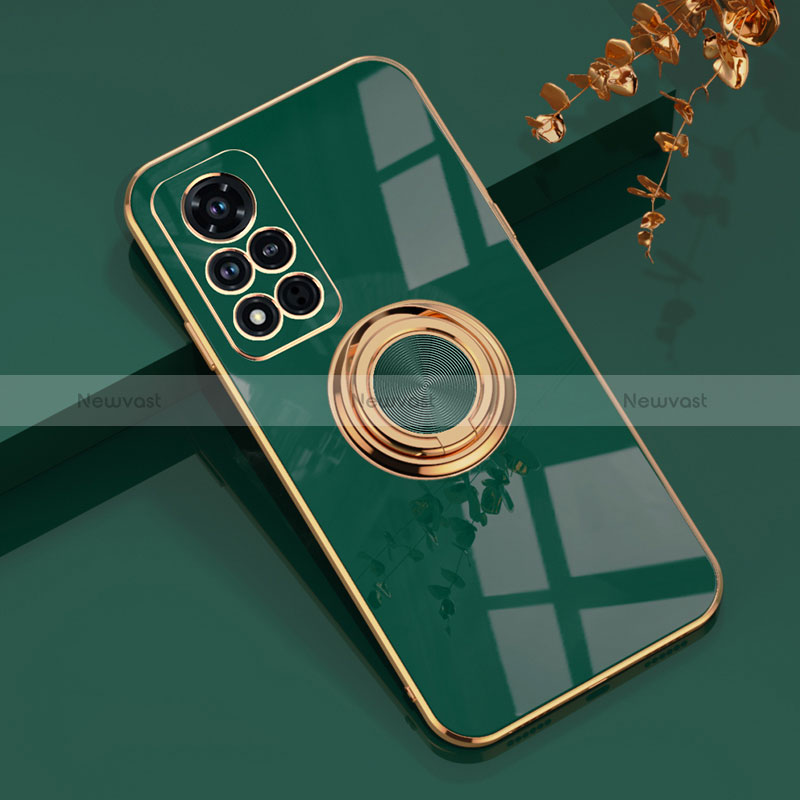 Ultra-thin Silicone Gel Soft Case Cover with Magnetic Finger Ring Stand AN1 for Huawei Honor V40 5G Green