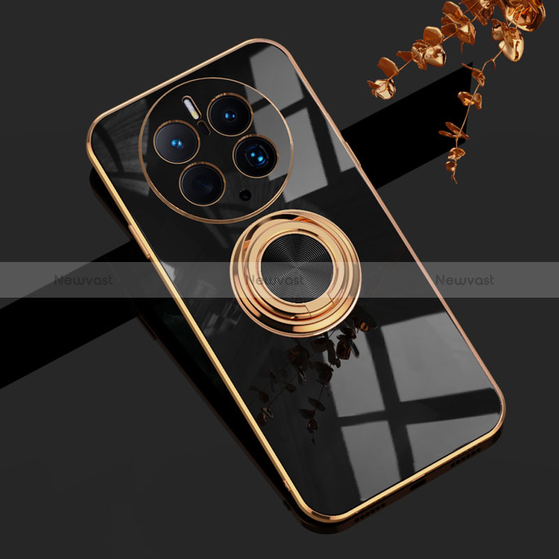 Ultra-thin Silicone Gel Soft Case Cover with Magnetic Finger Ring Stand AN1 for Huawei Mate 50 Pro Black