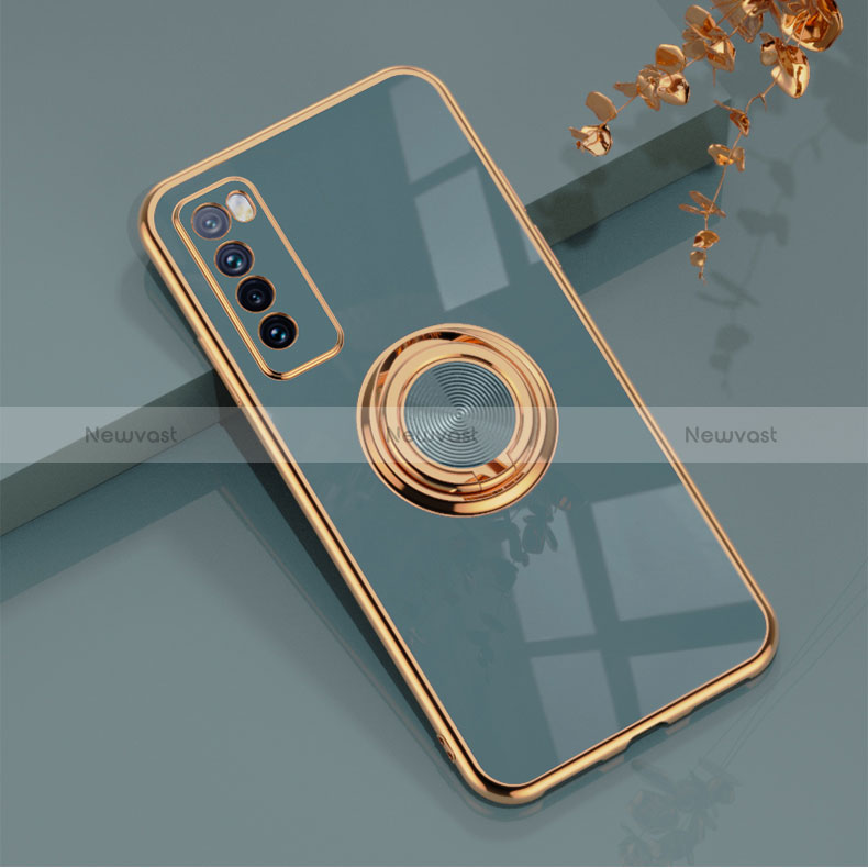 Ultra-thin Silicone Gel Soft Case Cover with Magnetic Finger Ring Stand AN1 for Huawei Nova 7 5G