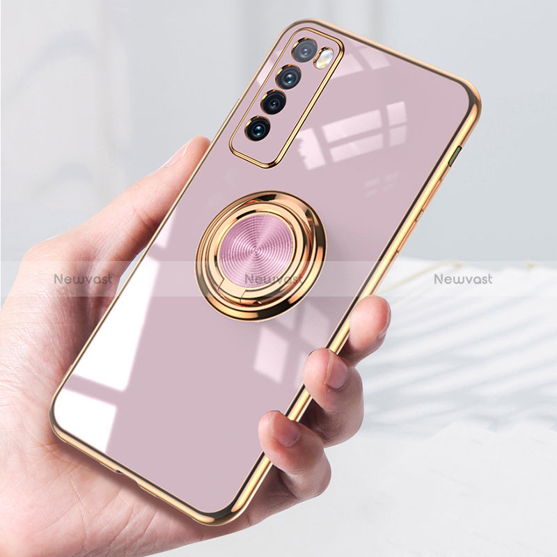 Ultra-thin Silicone Gel Soft Case Cover with Magnetic Finger Ring Stand AN1 for Huawei Nova 7 5G