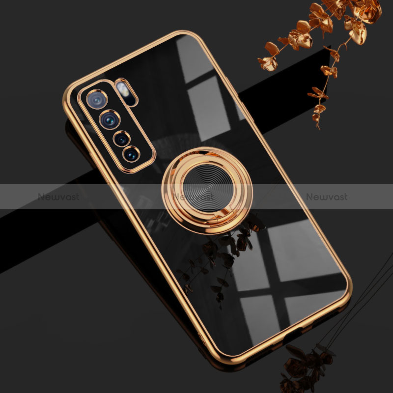 Ultra-thin Silicone Gel Soft Case Cover with Magnetic Finger Ring Stand AN1 for Huawei Nova 7 SE 5G Black