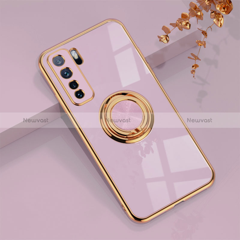 Ultra-thin Silicone Gel Soft Case Cover with Magnetic Finger Ring Stand AN1 for Huawei P40 Lite 5G Clove Purple