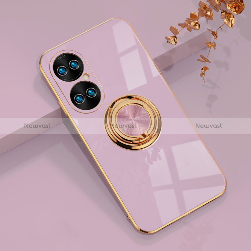 Ultra-thin Silicone Gel Soft Case Cover with Magnetic Finger Ring Stand AN1 for Huawei P50 Clove Purple