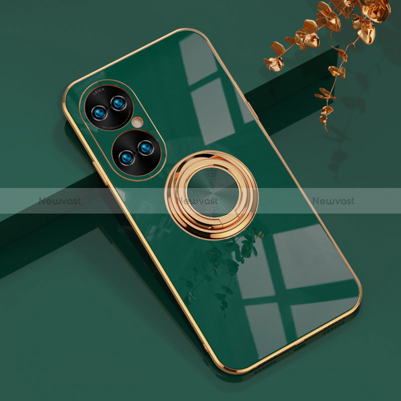 Ultra-thin Silicone Gel Soft Case Cover with Magnetic Finger Ring Stand AN1 for Huawei P50 Green