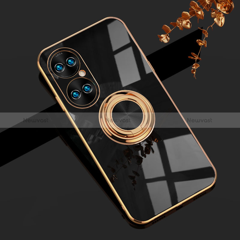 Ultra-thin Silicone Gel Soft Case Cover with Magnetic Finger Ring Stand AN1 for Huawei P50 Pro Black