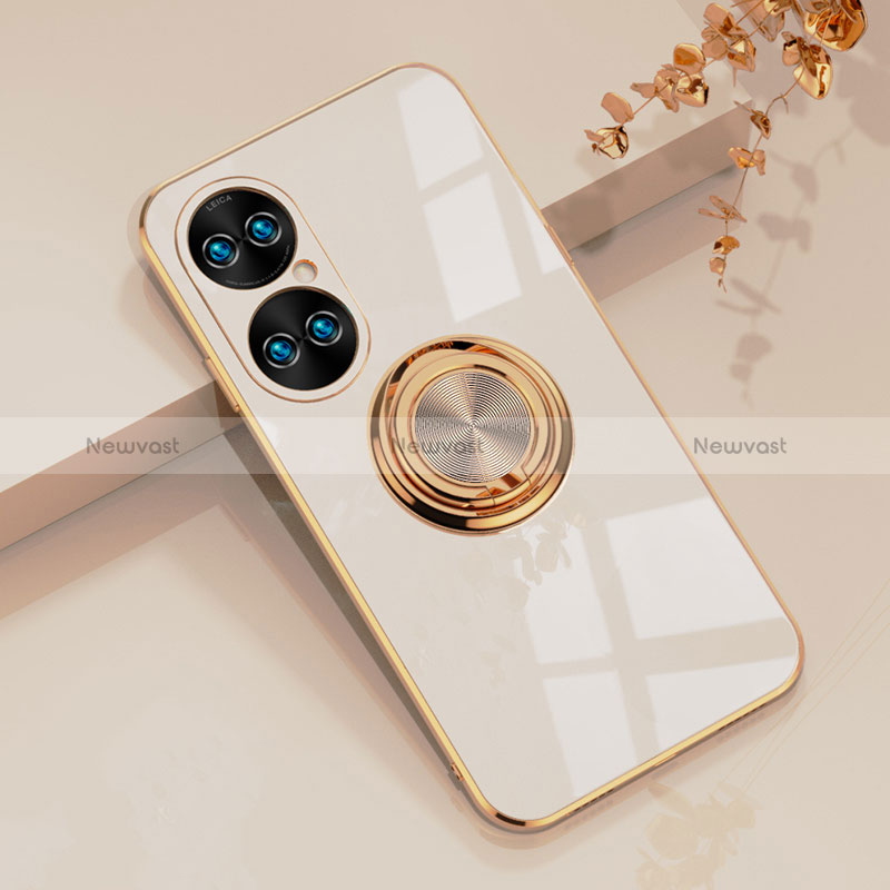 Ultra-thin Silicone Gel Soft Case Cover with Magnetic Finger Ring Stand AN1 for Huawei P50 Pro White