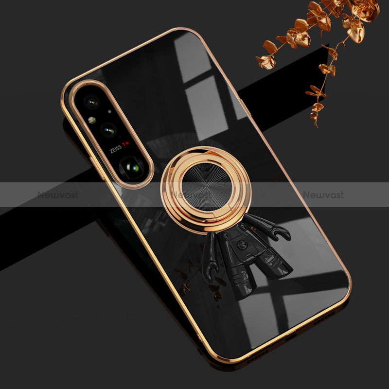 Ultra-thin Silicone Gel Soft Case Cover with Magnetic Finger Ring Stand AN1 for Sony Xperia 1 V Black