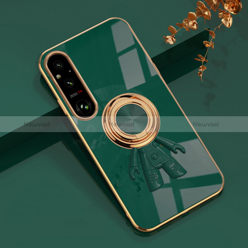 Ultra-thin Silicone Gel Soft Case Cover with Magnetic Finger Ring Stand AN1 for Sony Xperia 1 V Green