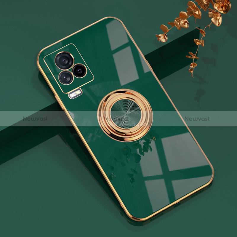 Ultra-thin Silicone Gel Soft Case Cover with Magnetic Finger Ring Stand AN1 for Vivo iQOO 7 5G Green