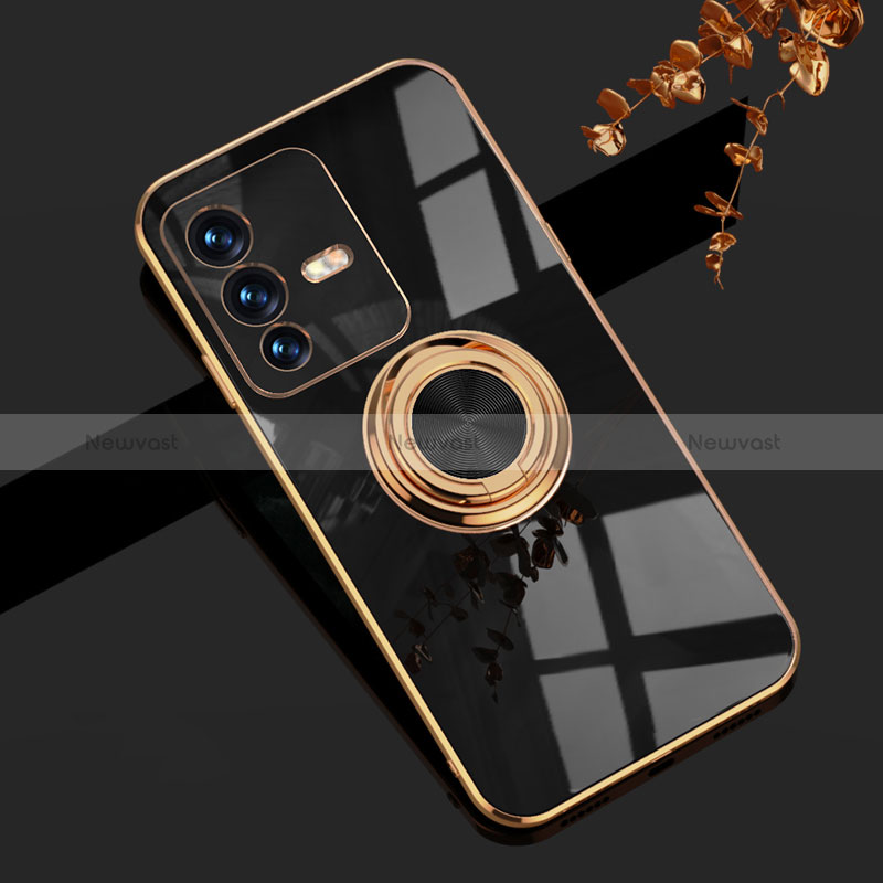 Ultra-thin Silicone Gel Soft Case Cover with Magnetic Finger Ring Stand AN1 for Vivo V23 5G Black