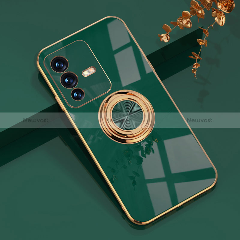 Ultra-thin Silicone Gel Soft Case Cover with Magnetic Finger Ring Stand AN1 for Vivo V23 5G Green