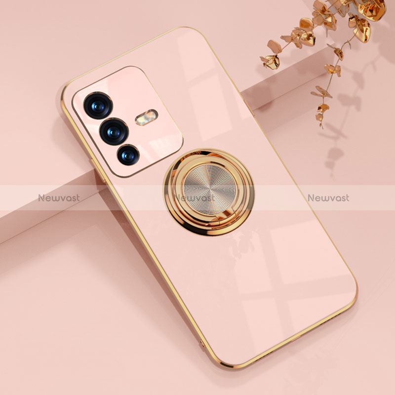 Ultra-thin Silicone Gel Soft Case Cover with Magnetic Finger Ring Stand AN1 for Vivo V23 Pro 5G Pink