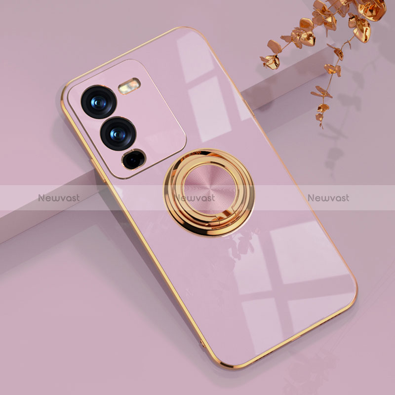 Ultra-thin Silicone Gel Soft Case Cover with Magnetic Finger Ring Stand AN1 for Vivo V25 Pro 5G Clove Purple