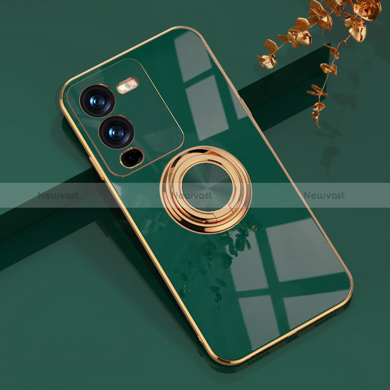 Ultra-thin Silicone Gel Soft Case Cover with Magnetic Finger Ring Stand AN1 for Vivo V25 Pro 5G Green