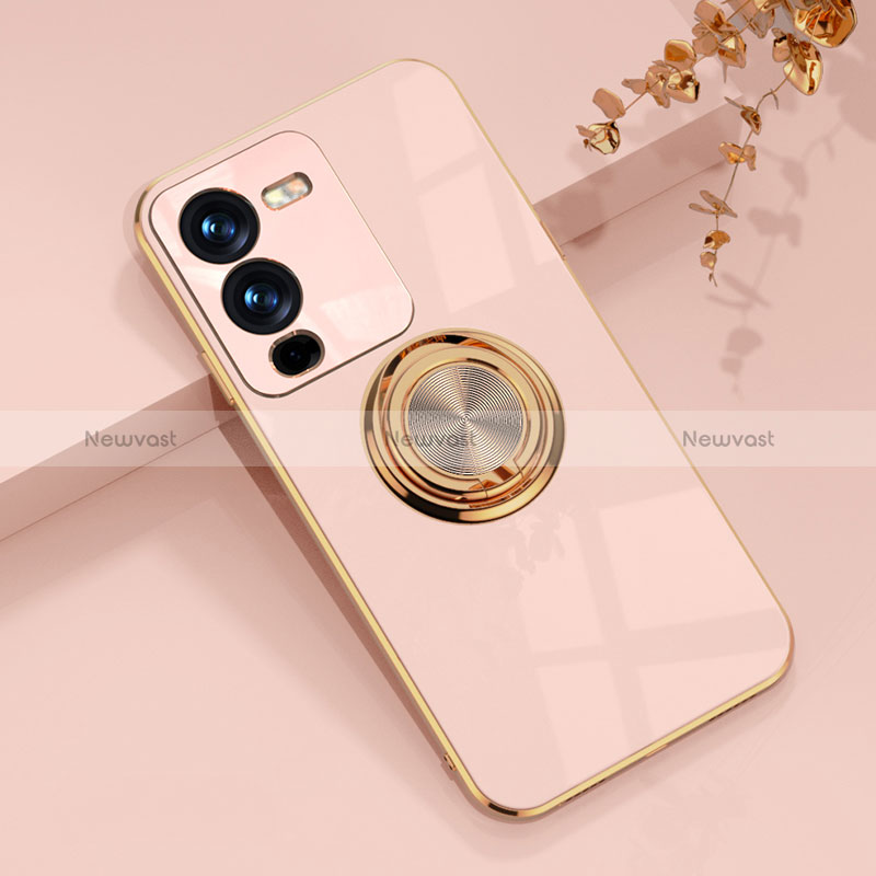 Ultra-thin Silicone Gel Soft Case Cover with Magnetic Finger Ring Stand AN1 for Vivo V25 Pro 5G Pink