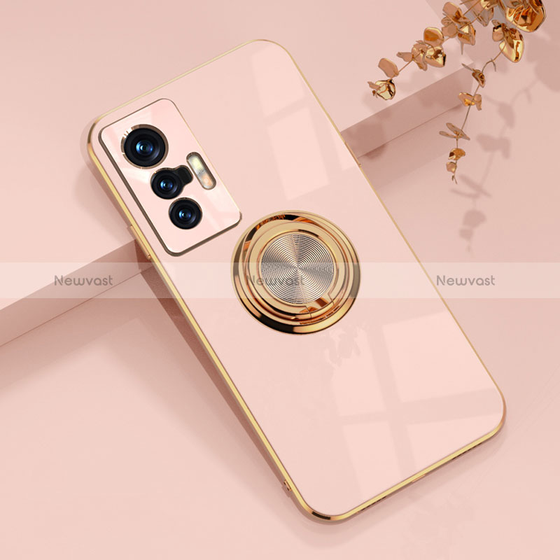 Ultra-thin Silicone Gel Soft Case Cover with Magnetic Finger Ring Stand AN1 for Vivo X70 Pro 5G Pink